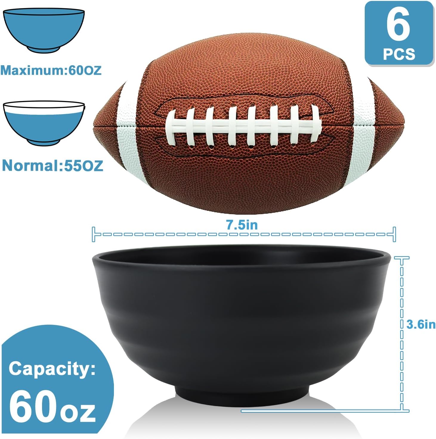 Ashenby 60oz Wheat Straw Bowls, Large Salad Bowls Set of 6, Black