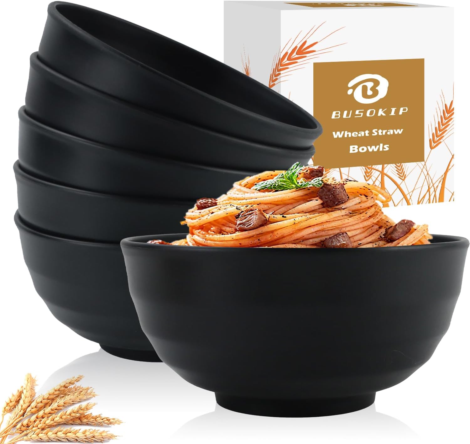 Ashenby 60oz Wheat Straw Bowls, Large Salad Bowls Set of 6, Black