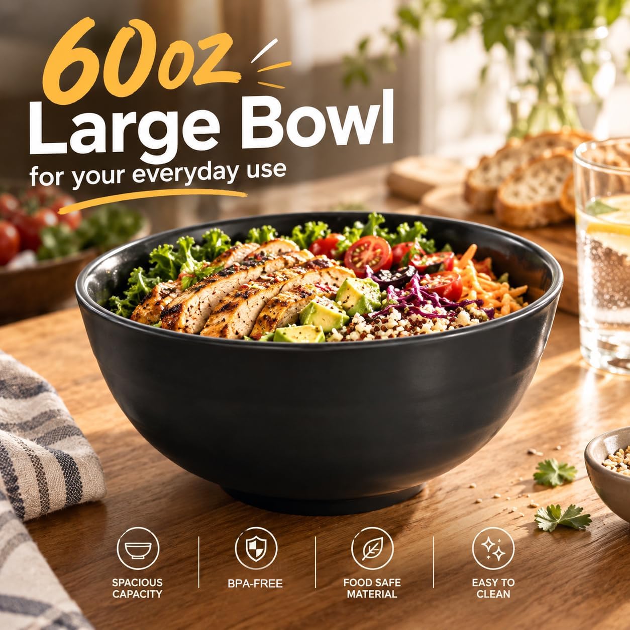 Ashenby 60oz Wheat Straw Bowls, Large Salad Bowls Set of 6, Black