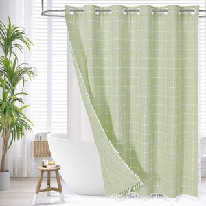 Aldernest No Hook Boho Farmhouse Linen Shower Curtain Sage Green 72x74, 72"W x 74"L (Pack of 1)