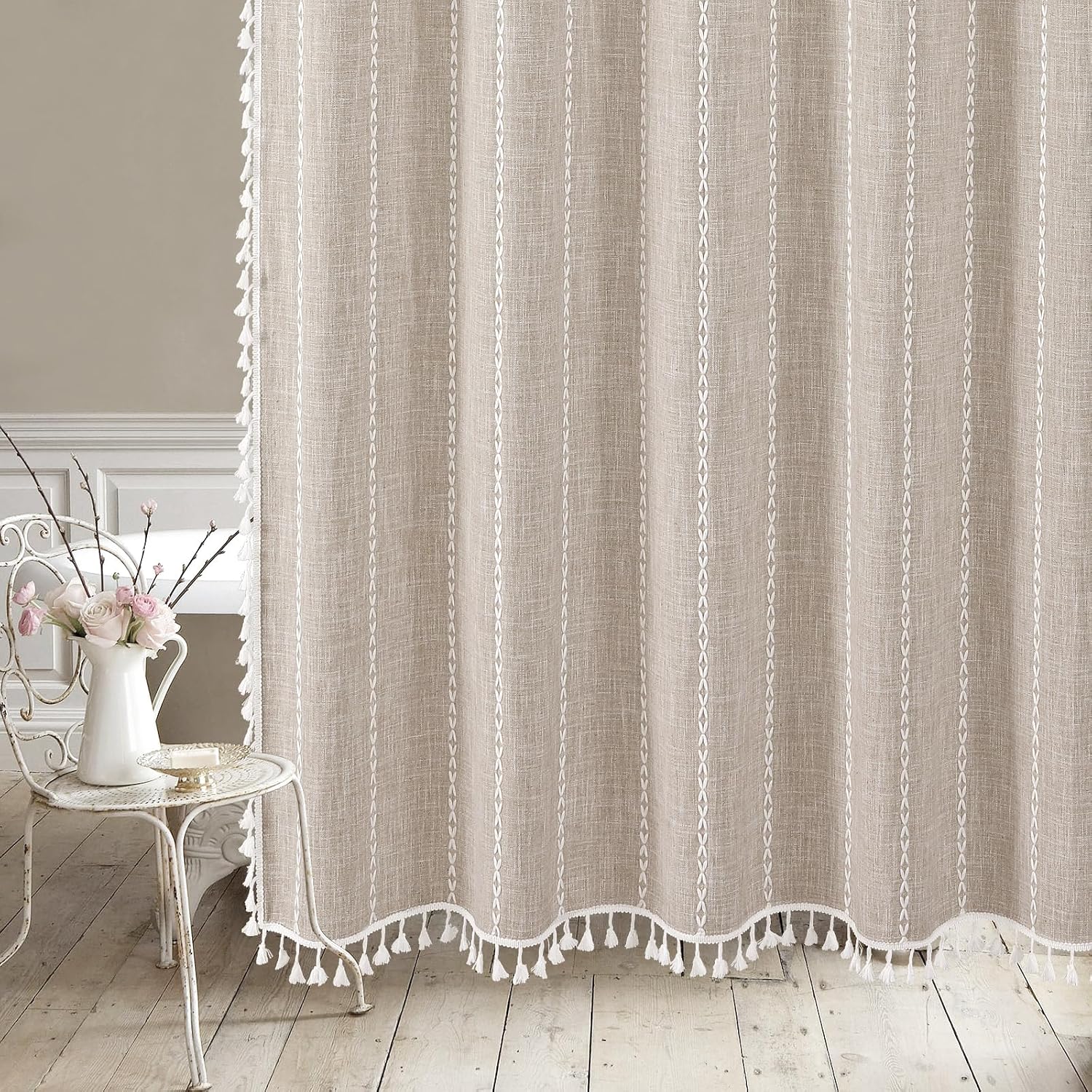 Aldernest No Hook Boho Farmhouse Linen Shower Curtain Taupe 72x74, 1.8 kg