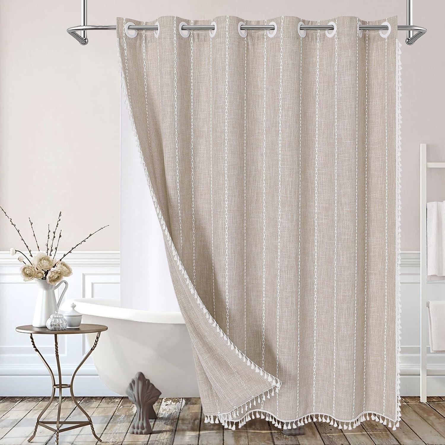 Aldernest No Hook Boho Farmhouse Linen Shower Curtain Taupe 72x74, 1.8 kg