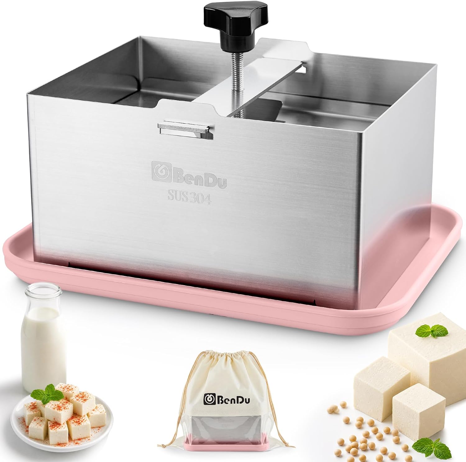 Aldernest Tofu Press Stainless Steel, Tofu Maker and Paneer Press with Cloth, Pink, 0.94 kg, Stainless Steel Standard