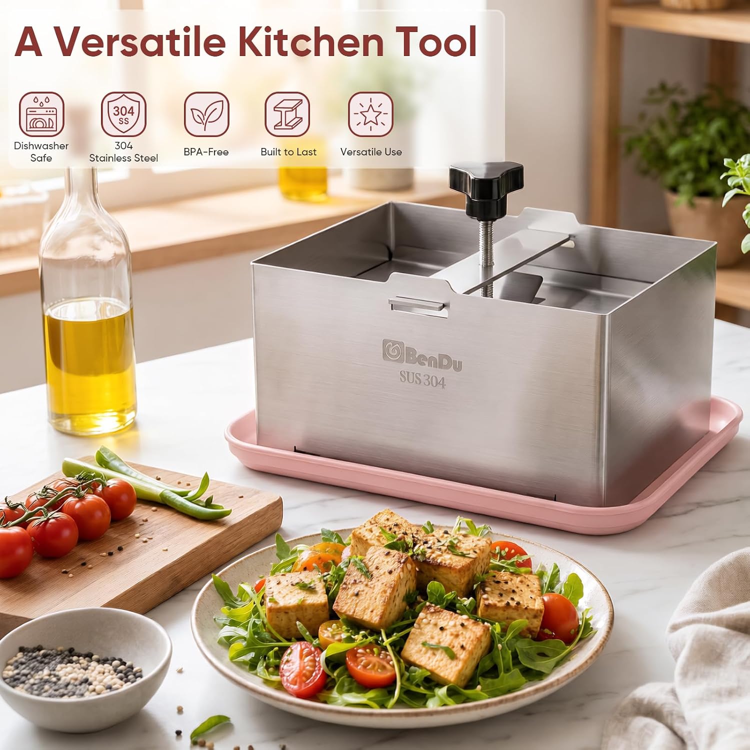 Aldernest Tofu Press Stainless Steel, Tofu Maker and Paneer Press with Cloth, Pink, 0.94 kg, Stainless Steel Standard
