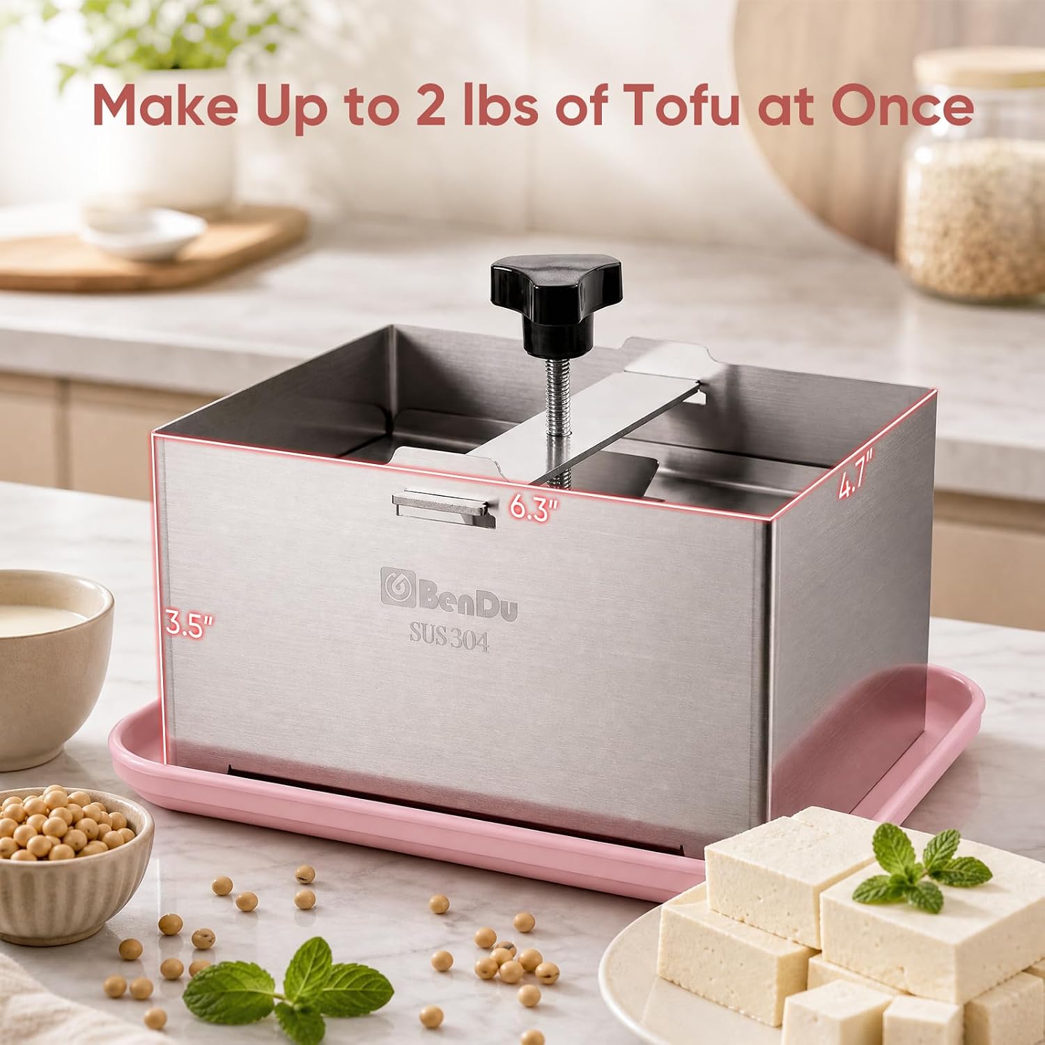 Aldernest Tofu Press Stainless Steel, Tofu Maker and Paneer Press with Cloth, Pink, 0.94 kg, Stainless Steel Standard