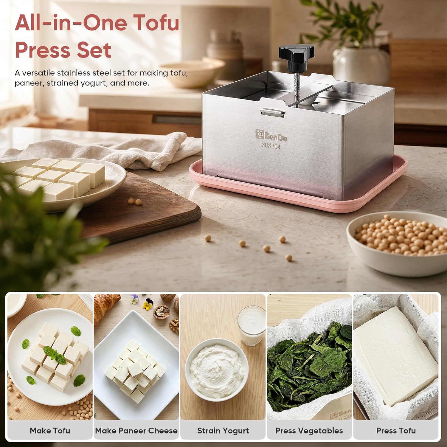 Aldernest Tofu Press Stainless Steel, Tofu Maker and Paneer Press with Cloth, Pink, 0.94 kg, Stainless Steel Standard