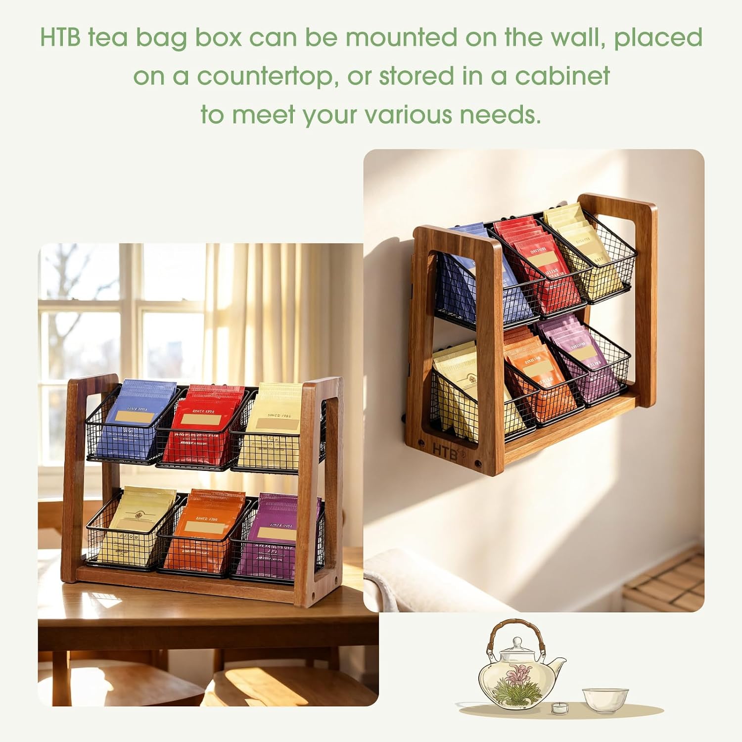 Ashenby 2 Tier Tea Organizer for Tea Bags with 6 Removable Metal Baskets, 2.6 pounds