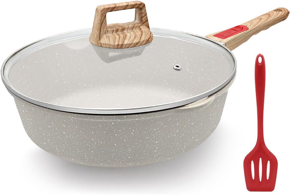 Ashenby 12 Inch Deep Frying Pan Skillet Nonstick with Lid, Large Saute Pan, 2.06 kg, White, 3