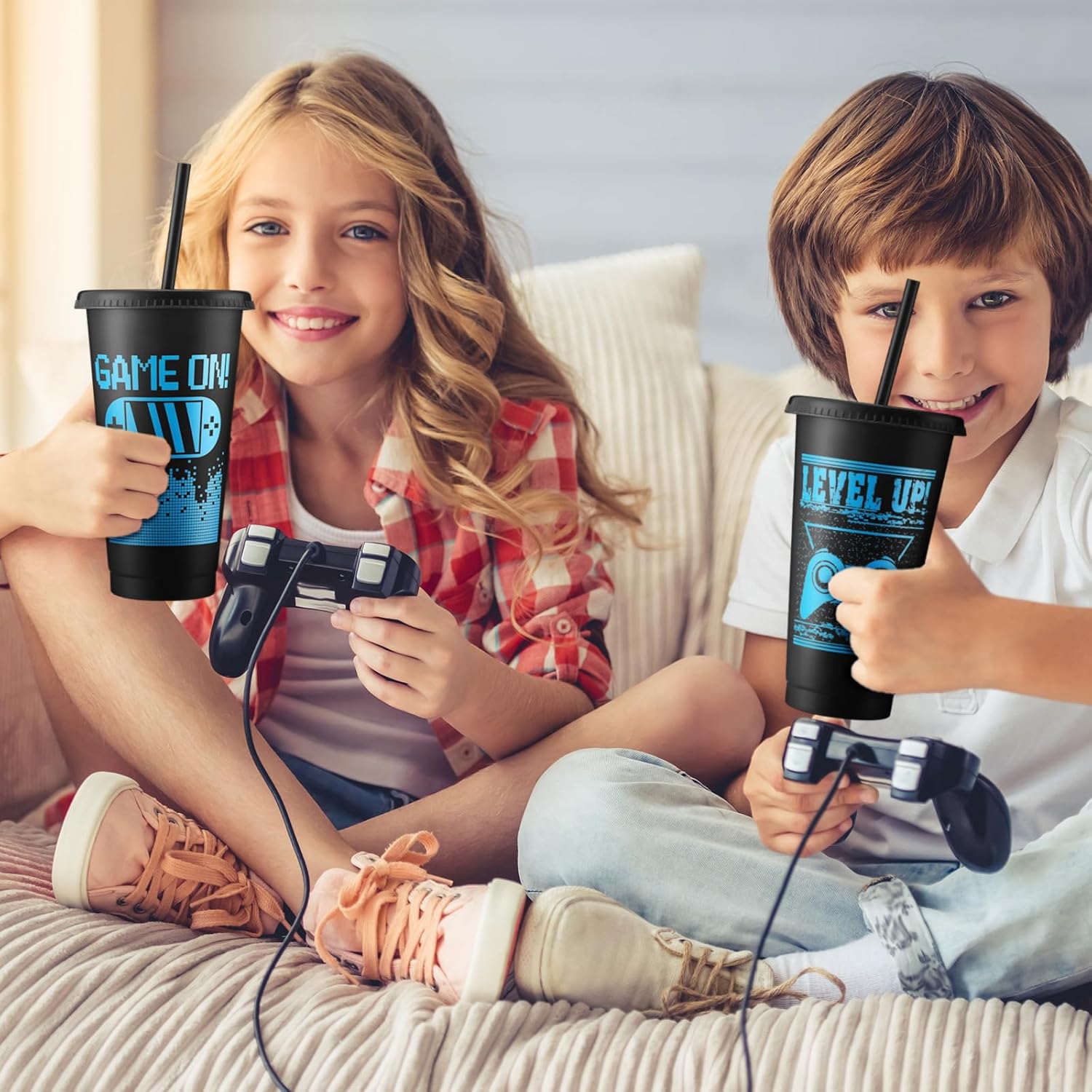 Aldernest 12 Pcs Gaming Gamer Cups with Lids and Straws, Black, Blue, 1.7 pounds, 7 inches (Height), 24 oz (Capacity), Black/Blue