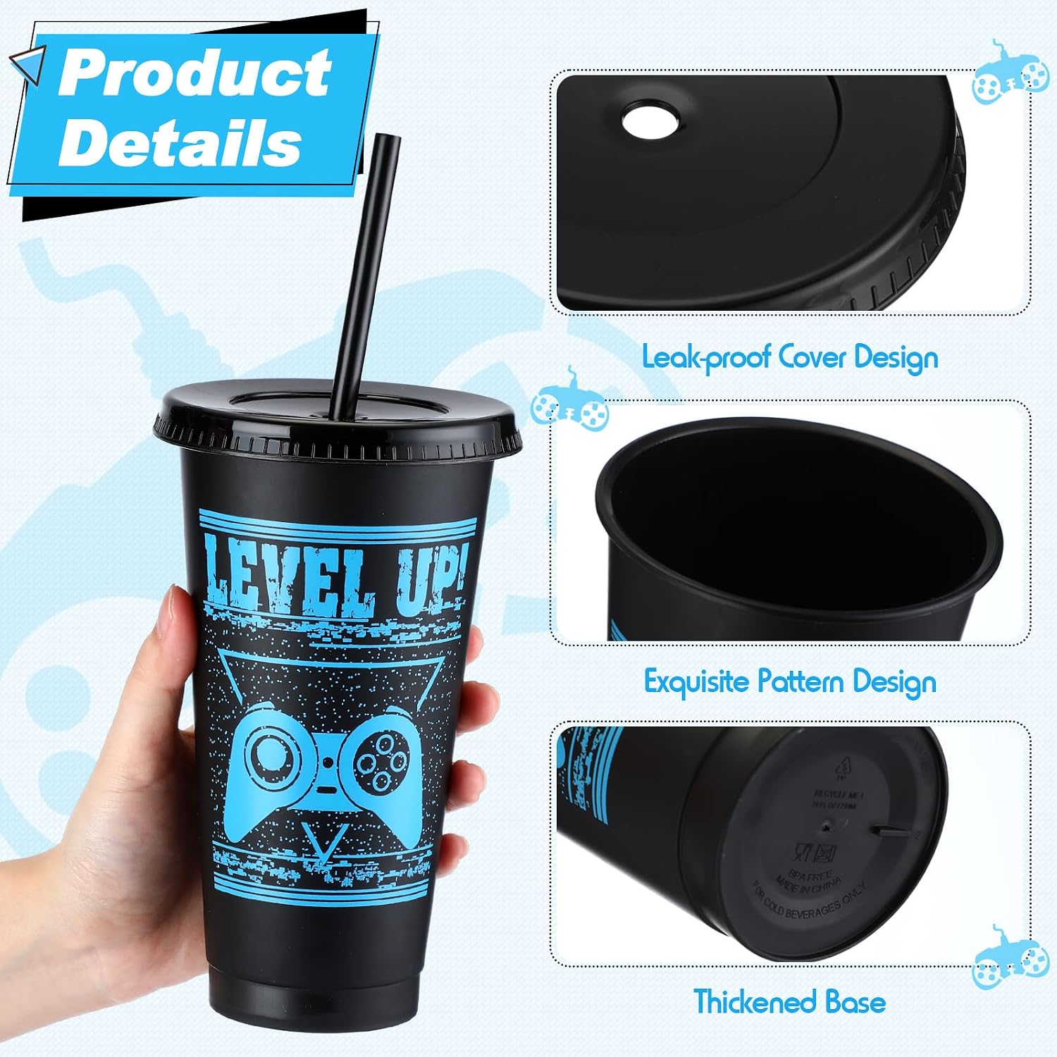 Aldernest 12 Pcs Gaming Gamer Cups with Lids and Straws, Black, Blue, 1.7 pounds, 7 inches (Height), 24 oz (Capacity), Black/Blue