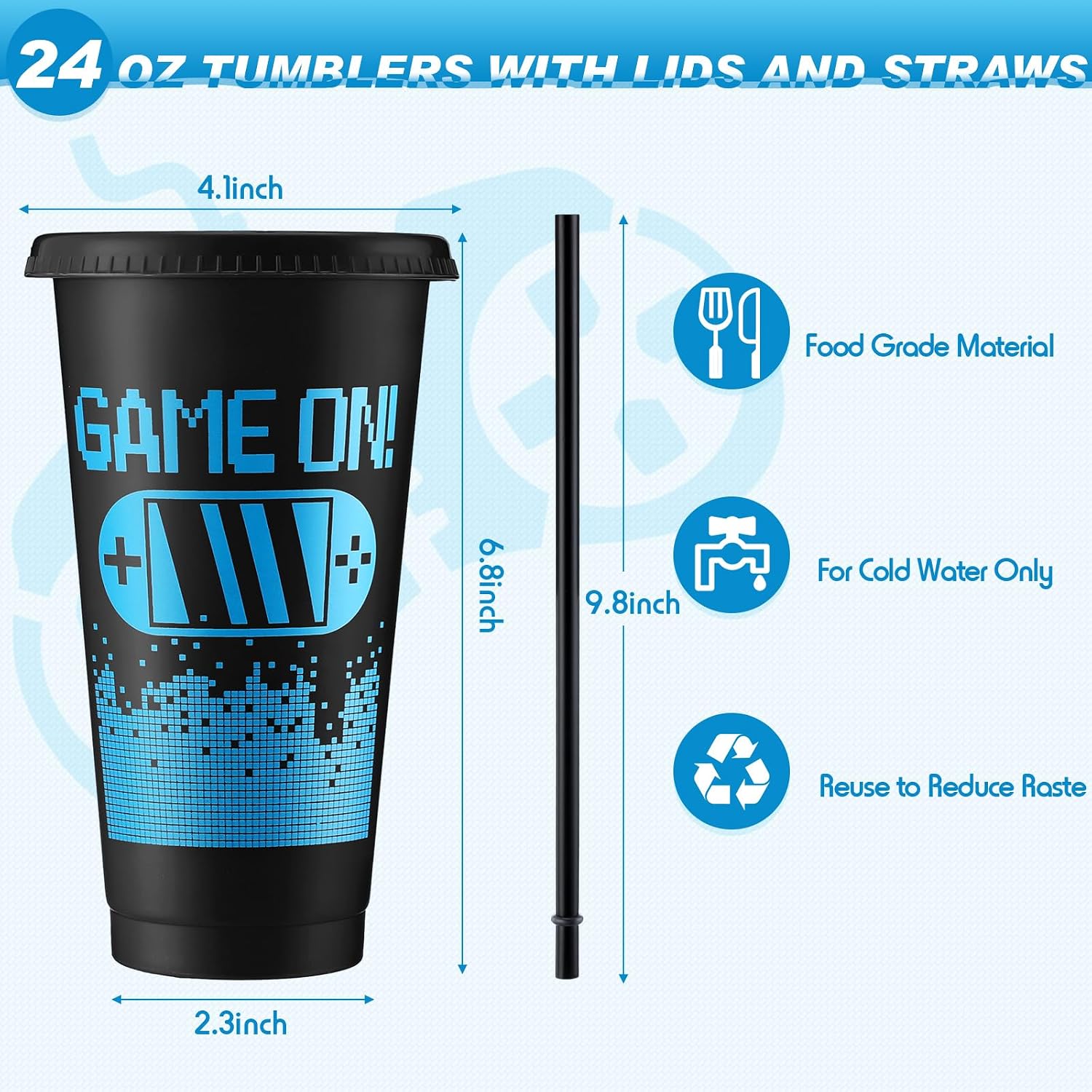 Aldernest 12 Pcs Gaming Gamer Cups with Lids and Straws, Black, Blue, 1.7 pounds, 7 inches (Height), 24 oz (Capacity), Black/Blue