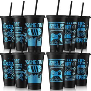 Aldernest 12 Pcs Gaming Gamer Cups with Lids and Straws, Black, Blue, 1.7 pounds, 7 inches (Height), 24 oz (Capacity), Black/Blue