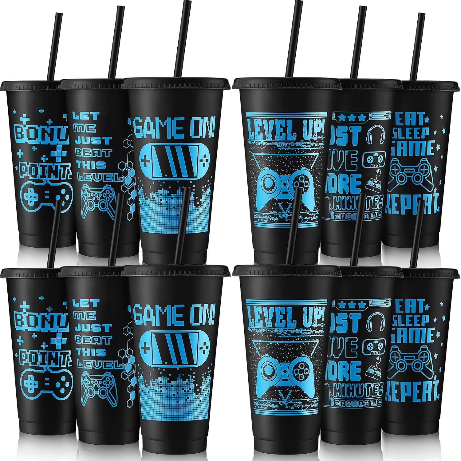 Aldernest 12 Pcs Gaming Gamer Cups with Lids and Straws, Black, Blue, 1.7 pounds, 7 inches (Height), 24 oz (Capacity), Black/Blue