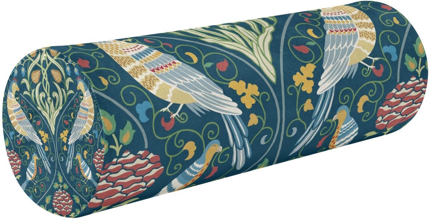 Aldernest Green Birds Flower Vintage Neck Roll Pillow Bolster Round Health Memory Foam Long Cervical Cylinder Body Pillows with Removable Washable