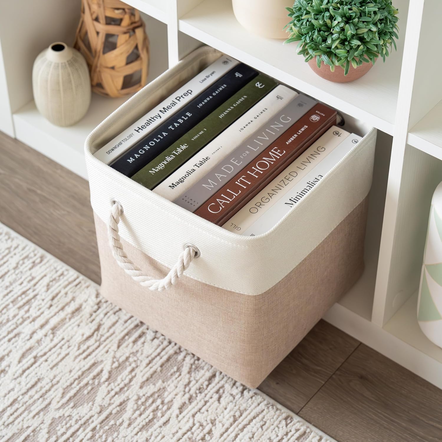 Ashenby 11x11 Cube Storage Bins, 4-Pack Fabric Cubes, Rope Handles, 1.69 kg, Beige Base / Off-White
