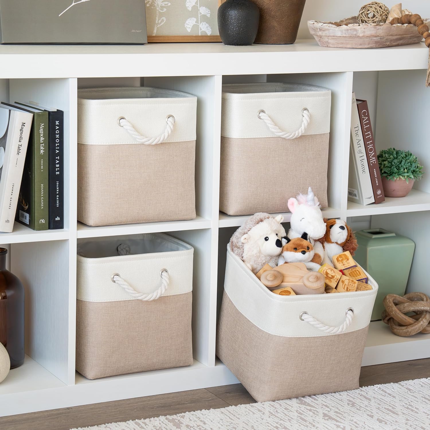 Ashenby 11x11 Cube Storage Bins, 4-Pack Fabric Cubes, Rope Handles, 1.69 kg, Beige Base / Off-White