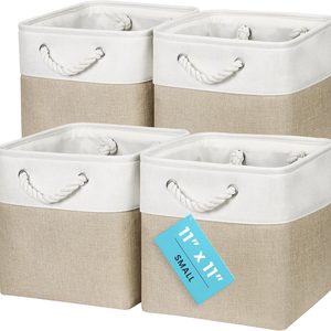 Ashenby 11x11 Cube Storage Bins, 4-Pack Fabric Cubes, Rope Handles, 1.69 kg, Beige Base / Off-White