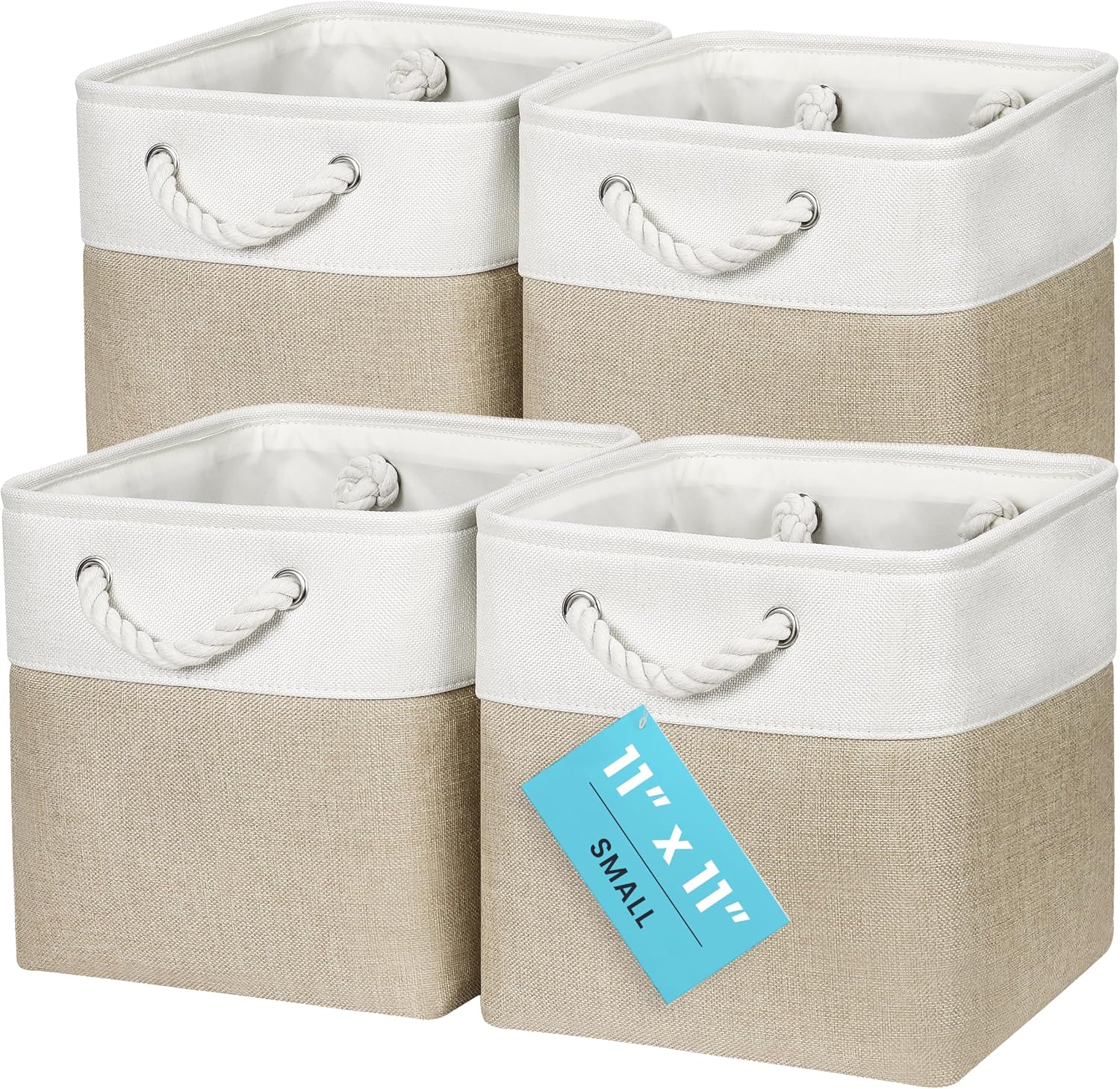 Ashenby 11x11 Cube Storage Bins, 4-Pack Fabric Cubes, Rope Handles, 1.69 kg, Beige Base / Off-White
