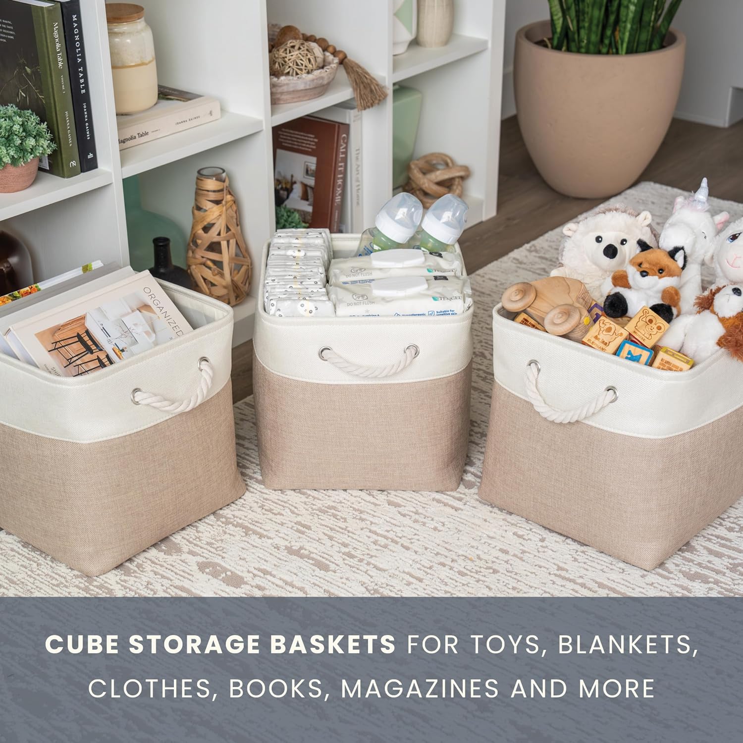 Ashenby 11x11 Cube Storage Bins, 4-Pack Fabric Cubes, Rope Handles, 1.69 kg, Beige Base / Off-White