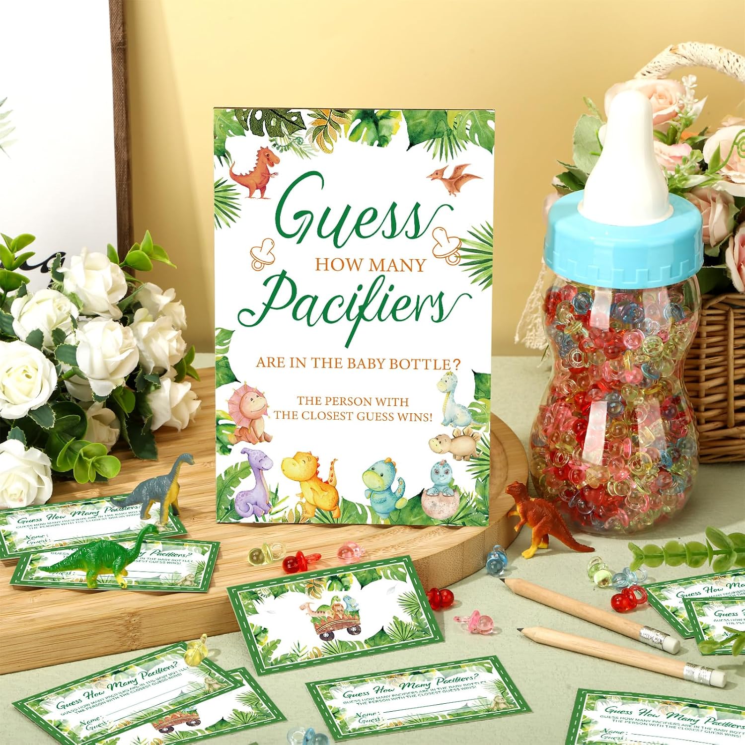NestlyCo Dinosaur Style Baby Shower Guess How Many Pacifiers Game Favors, Green, Brown, Orange