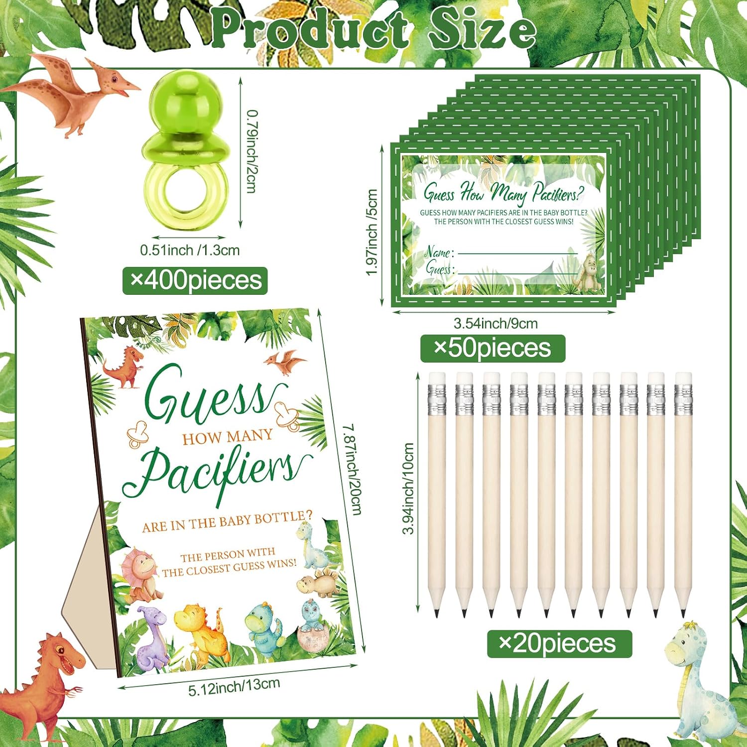 NestlyCo Dinosaur Style Baby Shower Guess How Many Pacifiers Game Favors, Green, Brown, Orange