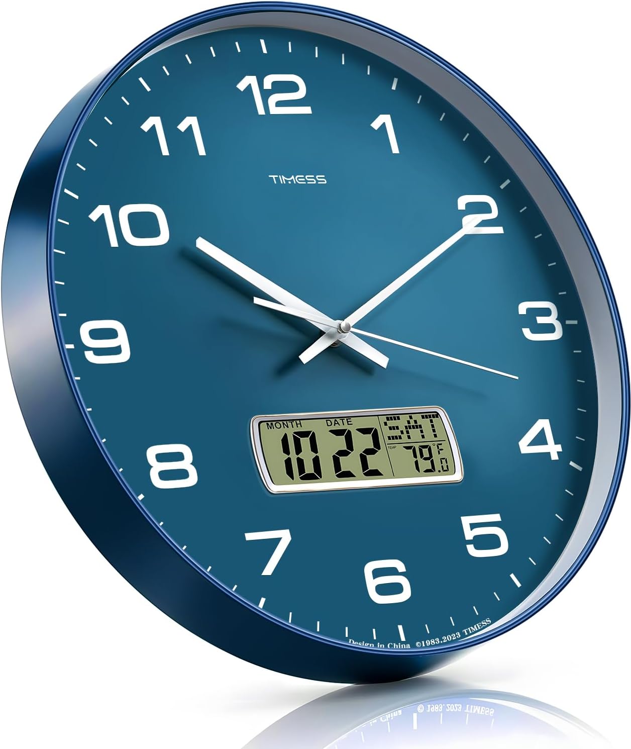 Aldernest 12-Inch Non-Ticking Analog Wall Clock with LCD Display, Blue, 1.02 kg