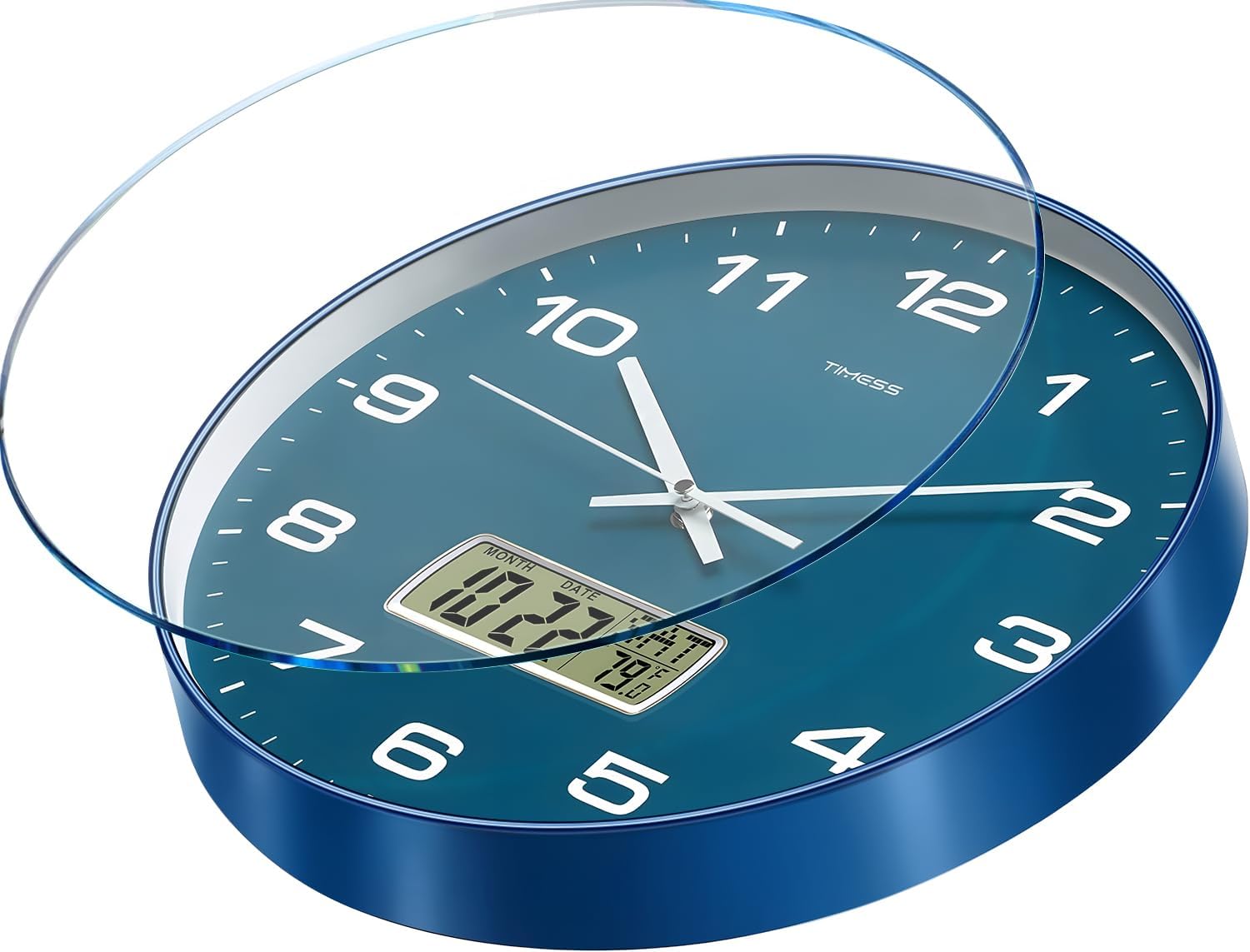 Aldernest 12-Inch Non-Ticking Analog Wall Clock with LCD Display, Blue, 1.02 kg