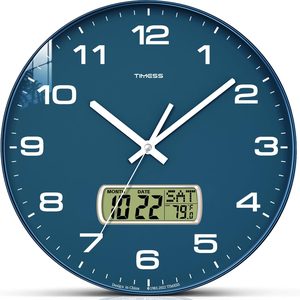 Aldernest 12-Inch Non-Ticking Analog Wall Clock with LCD Display, Blue, 1.02 kg