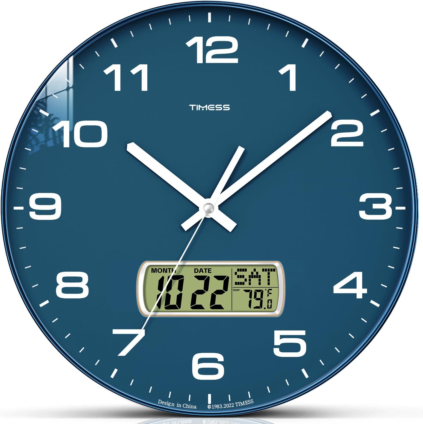 Aldernest 12-Inch Non-Ticking Analog Wall Clock with LCD Display, Blue, 1.02 kg