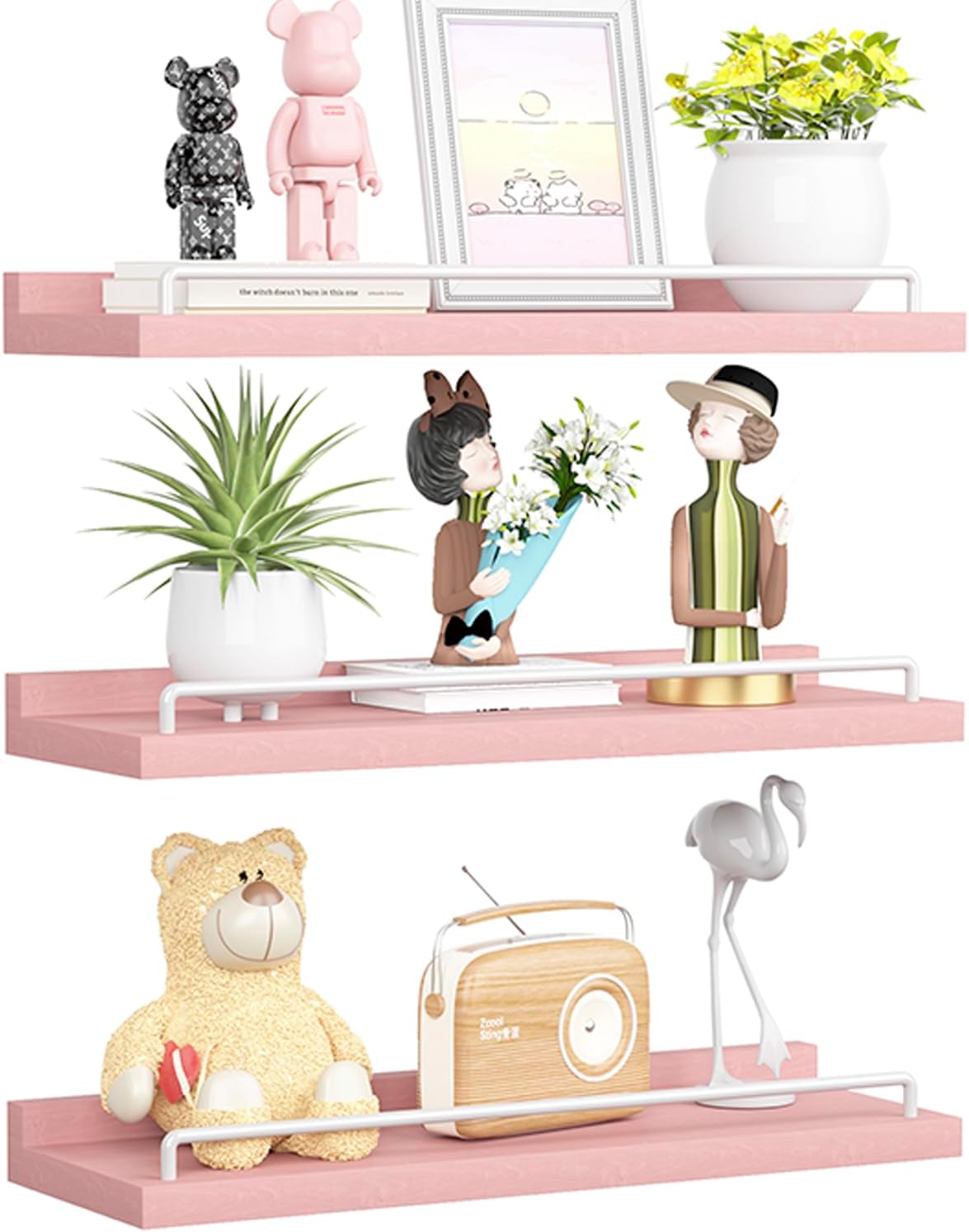 Copperlyn Pink Floating Shelves, Room Decor Shelves Kawaii Room Decor Wall Shelves for Living Room, 2.5 pounds, 16", Pink and White, 3 Count