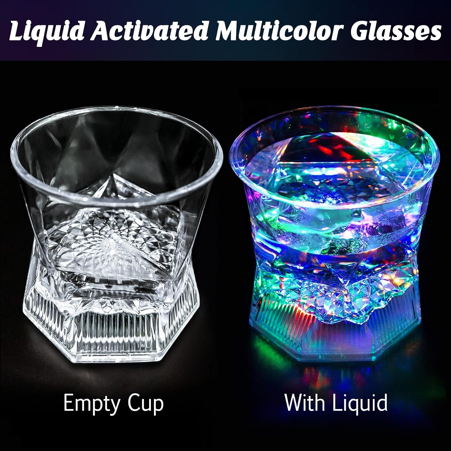 Aldernest LED Old Fashioned Glasses: 10oz Liquid Activated Multicolor Light Up Drinking Tumblers Set of 4 - Plastic Fun Cups for Water Beer Cocktail