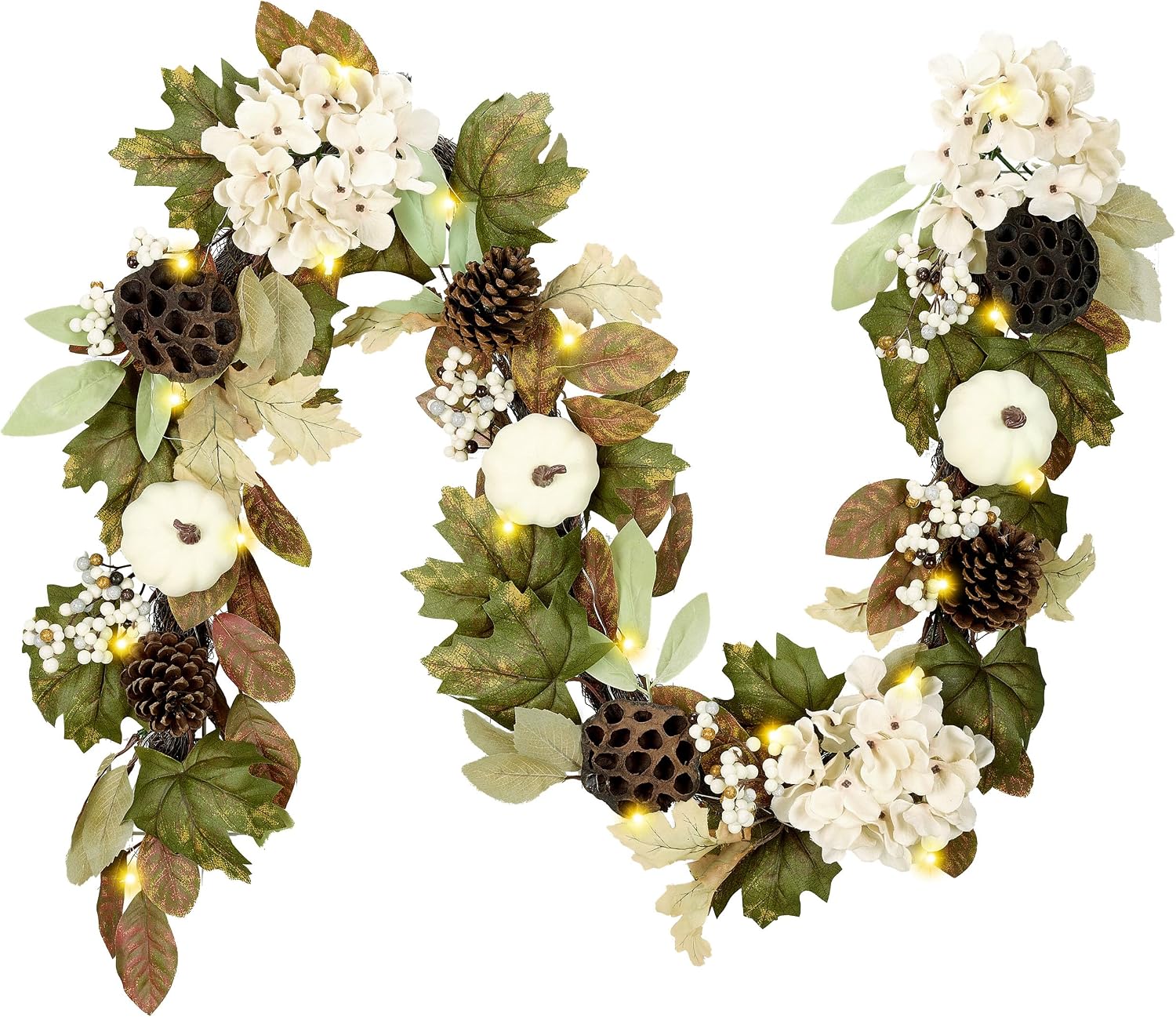 VelloHome 6ft Fall Garland for Mantle with Lights &Pumpkin Maple Leaves, Green and White