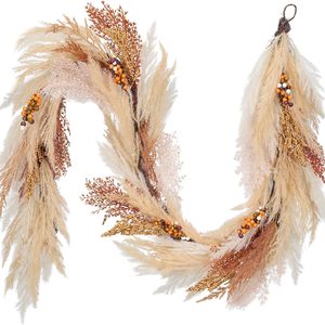 VelloHome 6ft Neutral Fall Pampas Grass Garland for Mantle with Lights, Orange and Gold