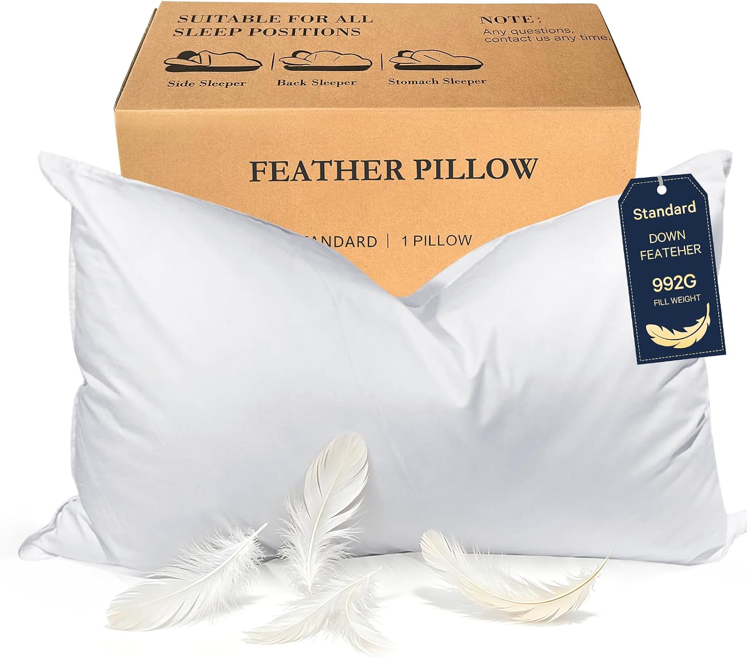 Aldernest Goose Down Feather Standard/Queen Pillow, 1.35 kg, White
