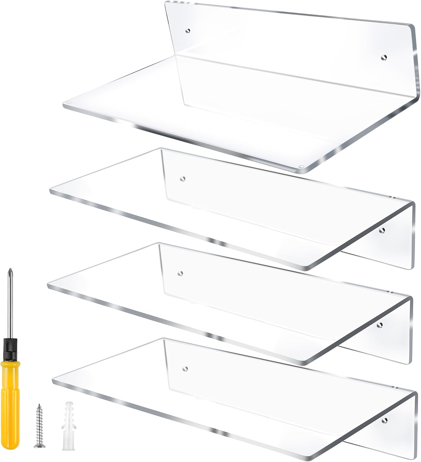 Ashenby 12 Inch L-Shaped Acrylic Floating Shelf Clear Wall Mounted Shelves Invisible 5MM Thick Shelf for Wall Storage Clear Shelves for Makeup Photo