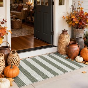 Aldernest Fall Front Door Mat Outside Entrance 2x4.3, Boho Striped Outdoor Rug, Green
