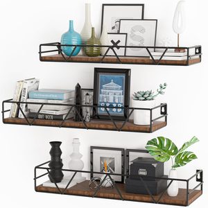 Oakmere Floating Shelves Set of 3, Wood Wall Shelf, Farmhouse Shelf for Bedroom, 16 ounces, 15.74 x 2.75 x 5.11 inches, Black