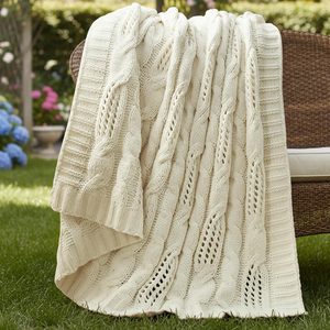 Rowanmere Cable Knit Chenille Throw Blanket, Cream White 50×60, 2 pounds, Ivory