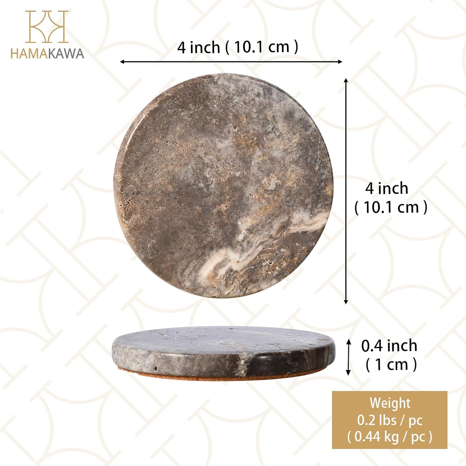 Barleyfield Turkish Natural Marble Coasters Set of 4, Round Travertine Coaster, 7.04 ounces, Gray