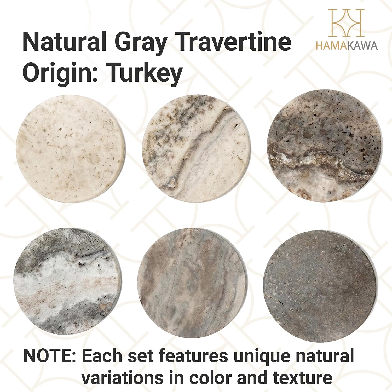 Barleyfield Turkish Natural Marble Coasters Set of 4, Round Travertine Coaster, 7.04 ounces, Gray