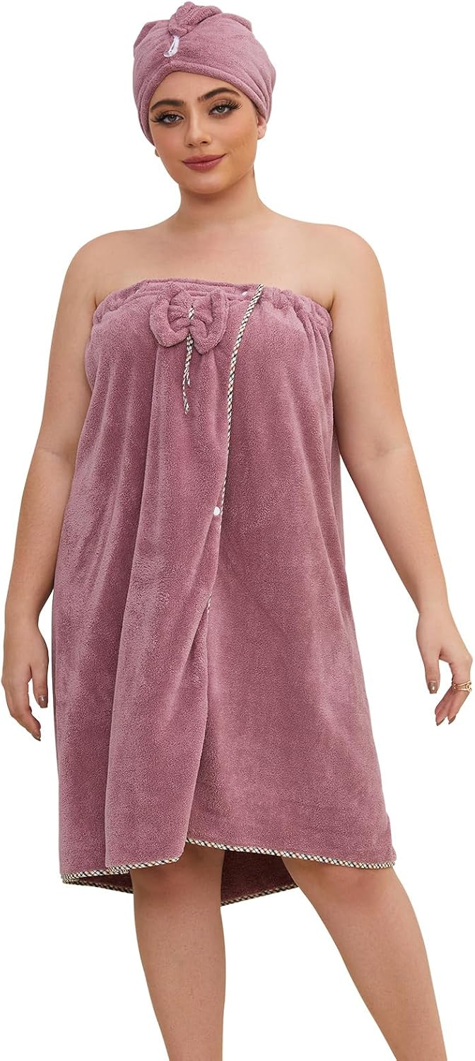 Aldernest Plus Size Coral Fleece Bath Towel Wrap for Women with Hair Towel, 0.83 kg, 2XL-4XL, Purple