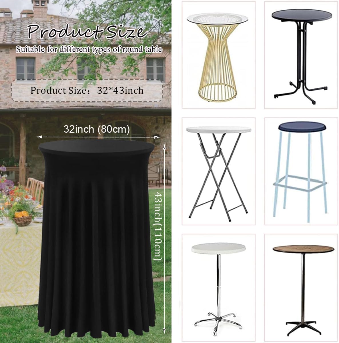 Aldernest 2 Pack Cocktail Table Covers 32"x 43" Spandex Stretch Round Cocktail Tablecloths with Wavy Drapes Fitted High Top Bar Table Skirt for