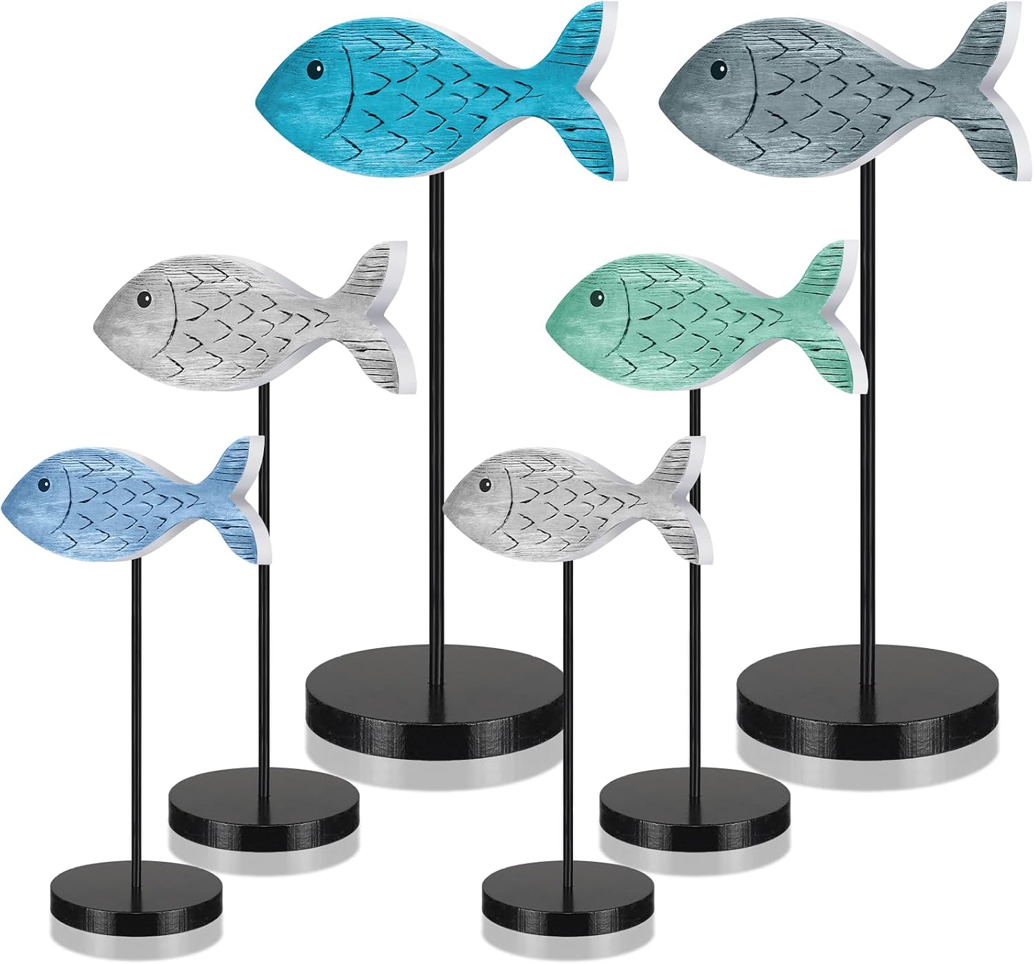 Barleyfield Wooden Fish Table Decor Nautical Ocean Sign, 6 Pcs | Classic Style