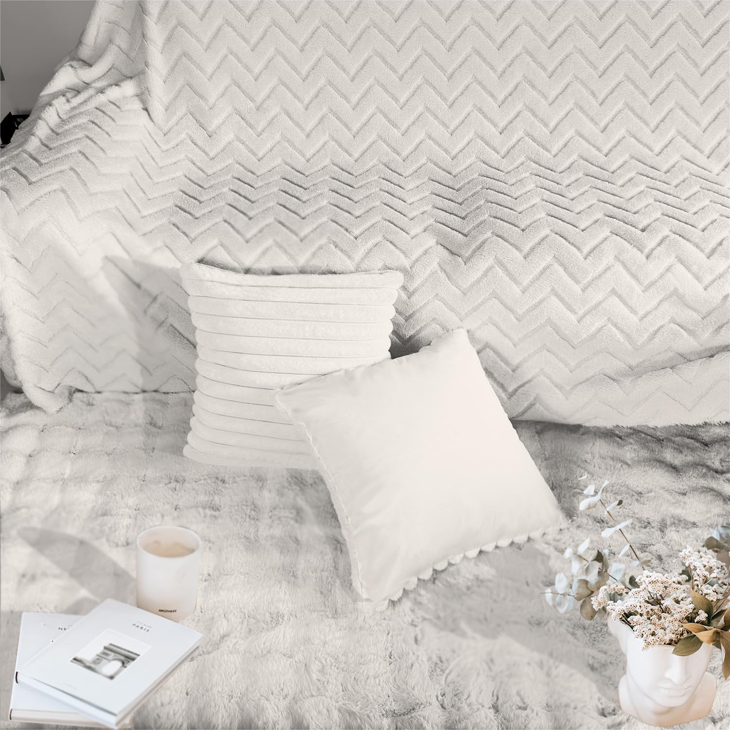 Aldernest 4 Pack 18x18 Pillow Cover Velvet Pillow Covers, Cream White