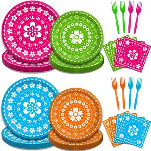 Aldernest 96 Pcs Mexican Fiesta Plates and Napkins, Papel Picado, Serves 24, 0.6 kg, Mexican Papel