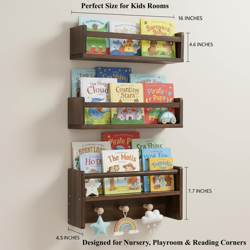 VelloHome 16 Inch Nursery Book Shelves Wall Floating Bookshelf with Hook Deep Walnut Hanging Book Shelf Toddler Room for Kids Room Bedroom Bathroom