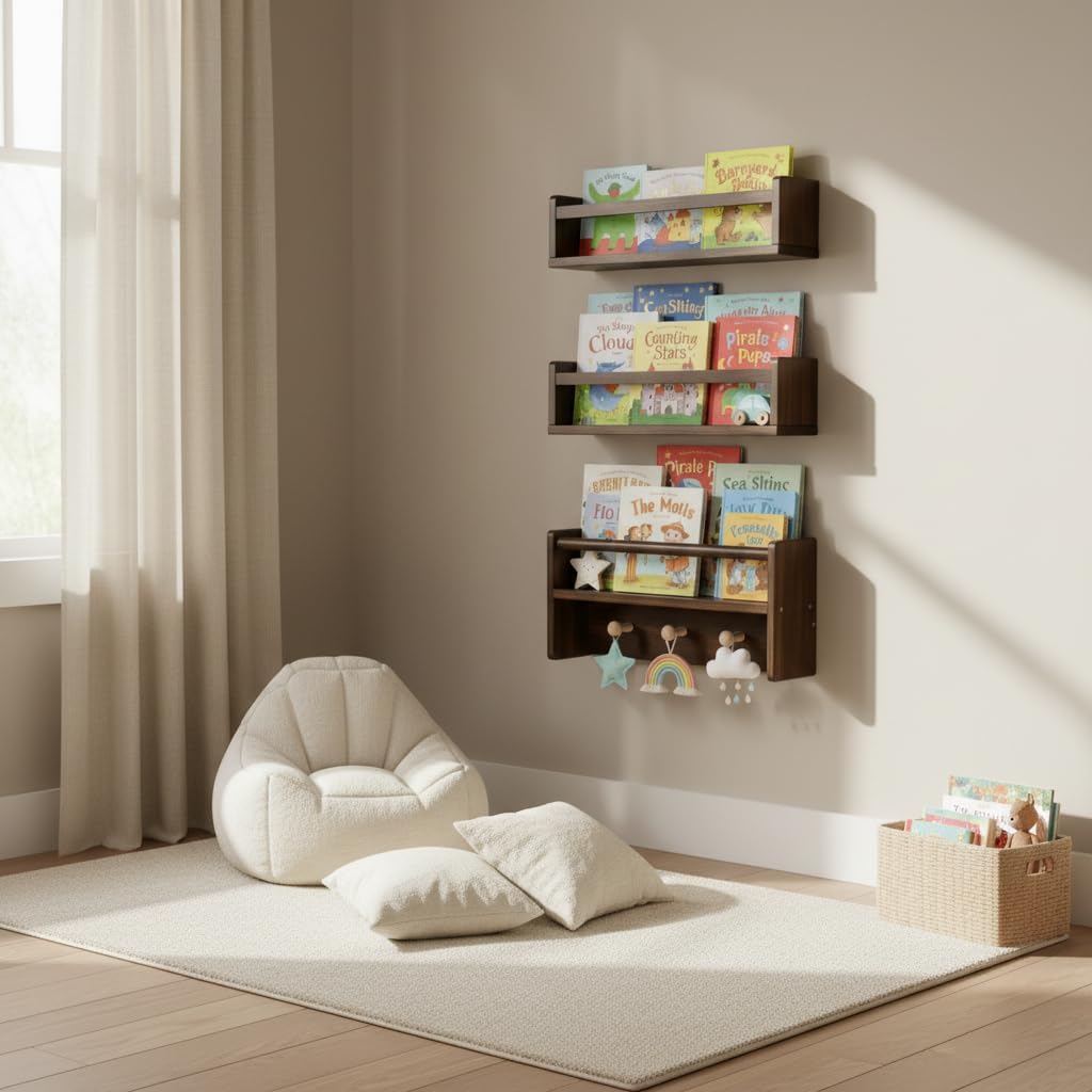 VelloHome 16 Inch Nursery Book Shelves Wall Floating Bookshelf with Hook Deep Walnut Hanging Book Shelf Toddler Room for Kids Room Bedroom Bathroom