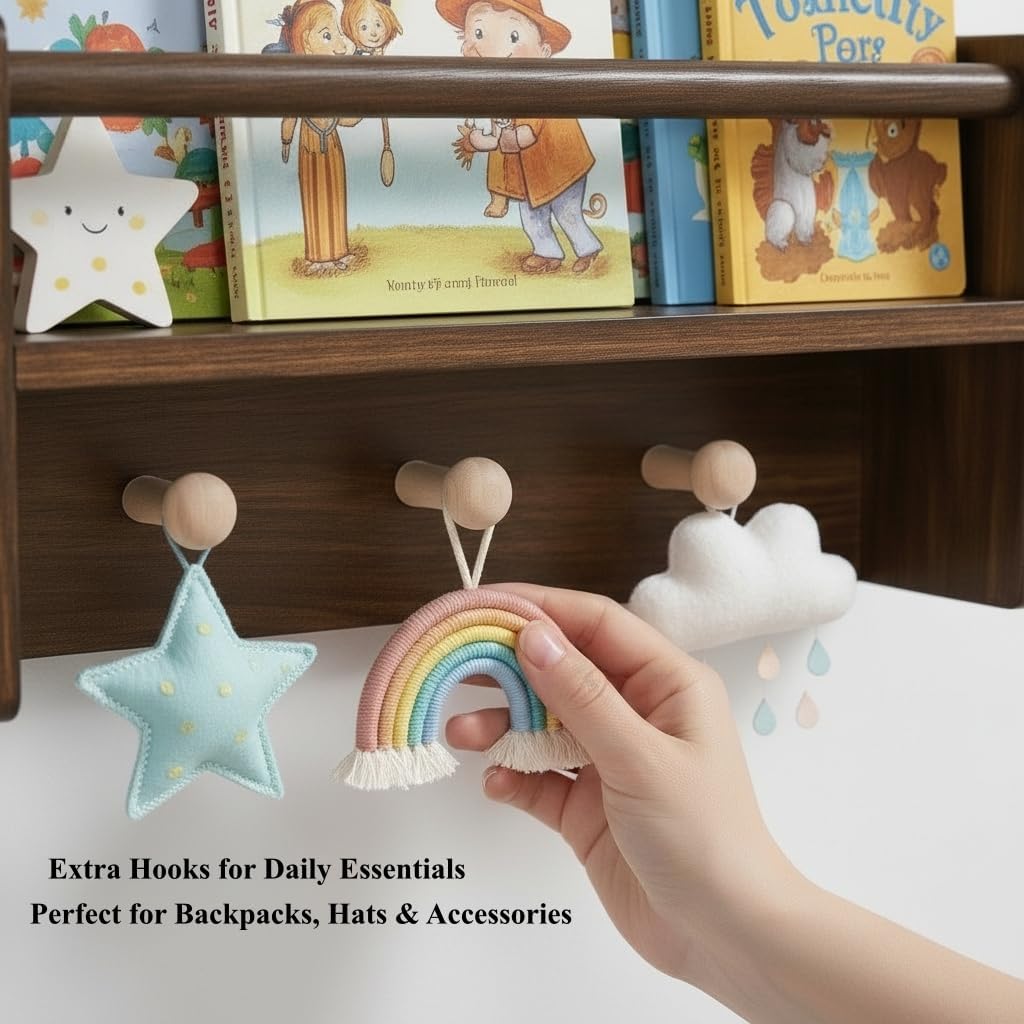 VelloHome 16 Inch Nursery Book Shelves Wall Floating Bookshelf with Hook Deep Walnut Hanging Book Shelf Toddler Room for Kids Room Bedroom Bathroom