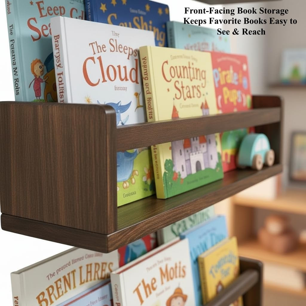VelloHome 16 Inch Nursery Book Shelves Wall Floating Bookshelf with Hook Deep Walnut Hanging Book Shelf Toddler Room for Kids Room Bedroom Bathroom