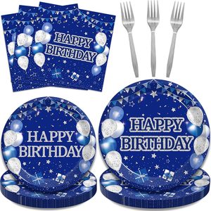Aldernest Birthday Plates and Napkins Set, Blue Silver, Serves 24, Blue Silver - Happy Birthday, 96 Count